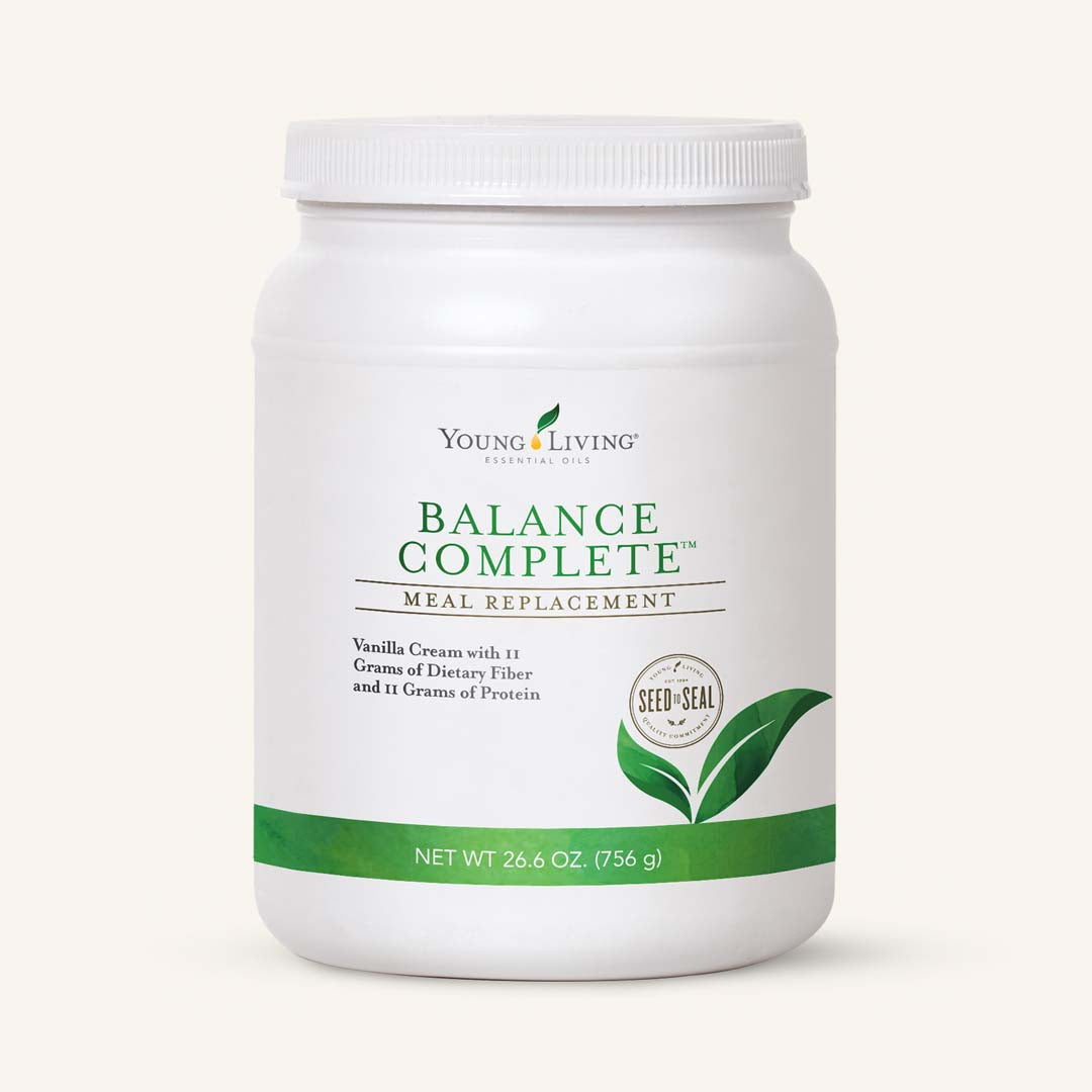 Young Living Balance Complete® voedingssupplement met 14 porties, een romige shake met plantaardige eiwitten, vezels, vitaminen en mineralen.