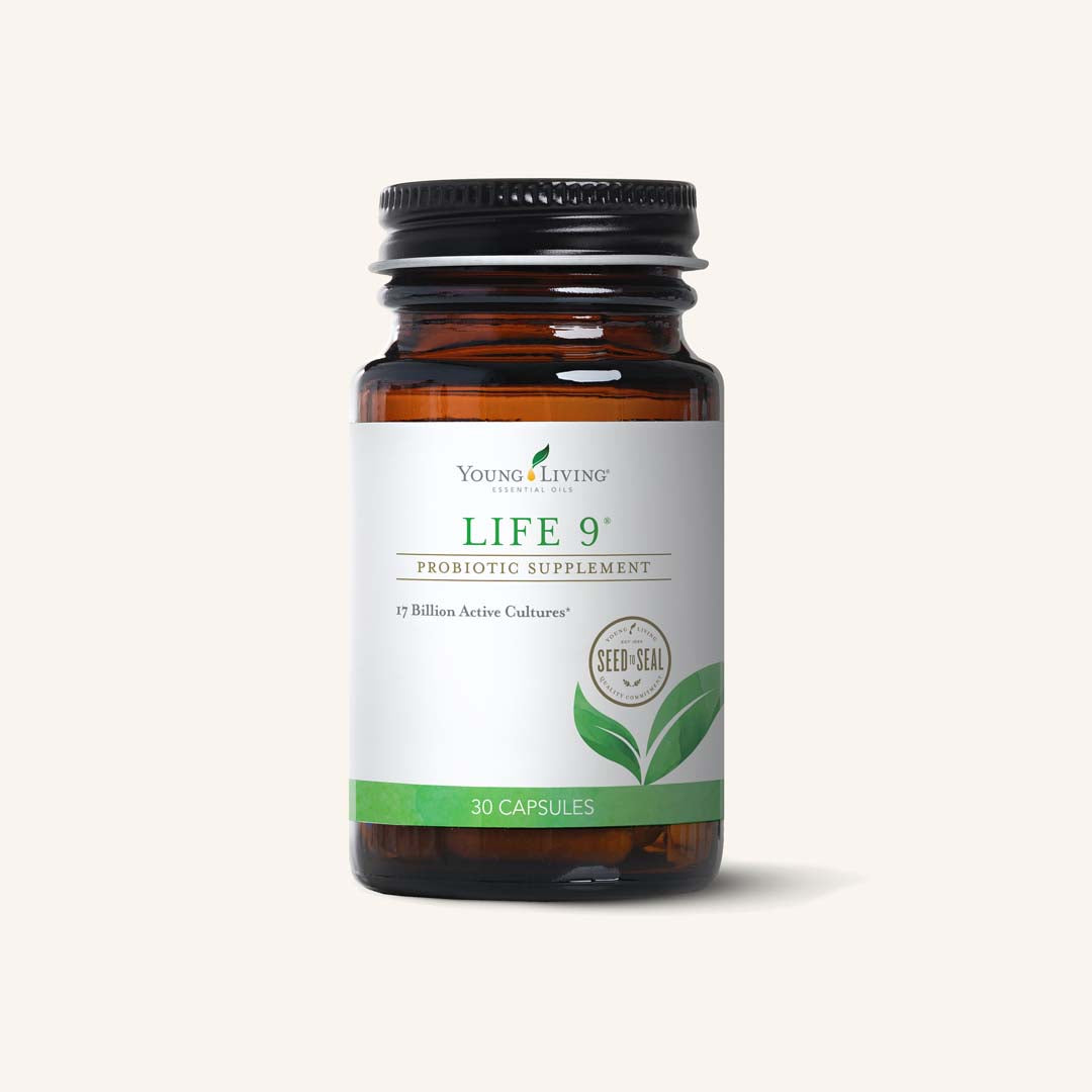 Young Living Life 9® met 30 vegetarische capsules en 17 miljard levende culturen uit negen bacteriestammen.
