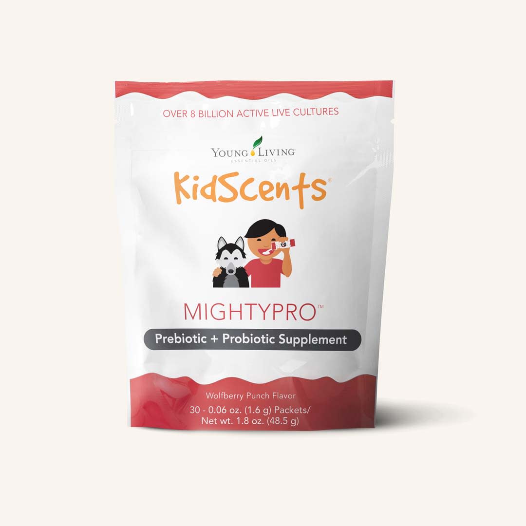 Young Living KidScents® MightyPro met 30 handige portiezakjes, probiotisch voedingssupplement voor kinderen vanaf 2 jaar met meer dan 8 miljard levende culturen.
