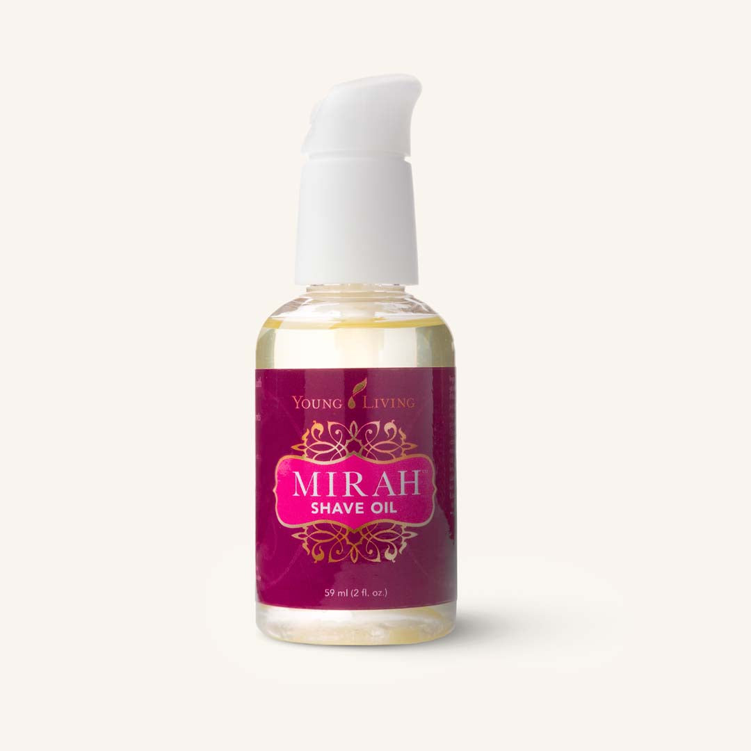 Young Living Mirah™ Shave Oil, luxe scheerolie met Mirah™ essentiële oliemelange en voedende plantaardige oliën voor een gladde en comfortabele scheerbeurt.