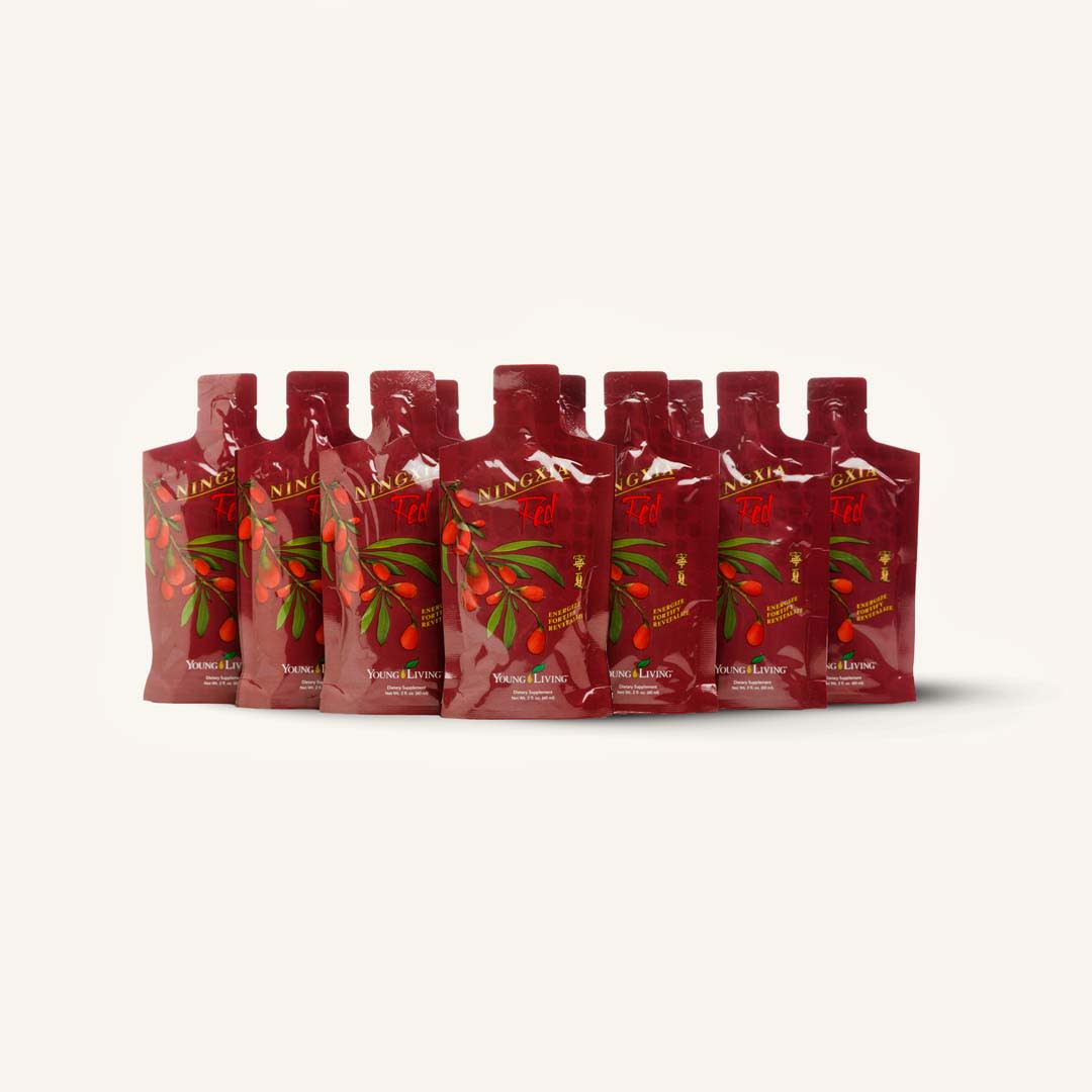 Young Living NingXia Red® Singles met 30 individuele sachets van 60 ml, voedingssupplement met Ningxia-wolfbespuree, fruitpurees en etherische citrusoliën.