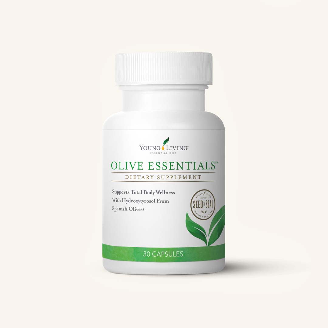 Young Living Olive Essentials® met 30 vegan capsules, voedingssupplement met olijfvruchtextract, olijfbladextract en premium etherische oliën.