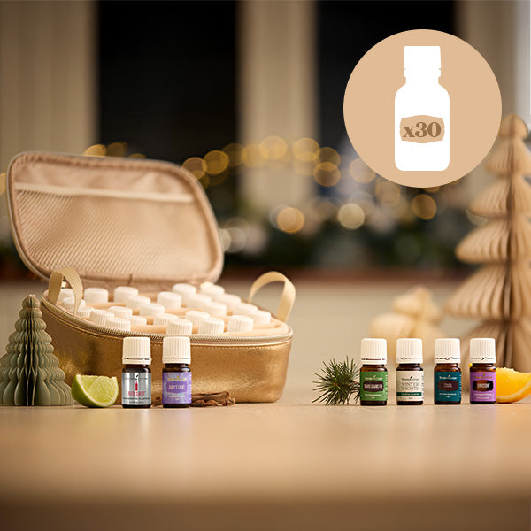 Young Living YL 30 Oil Bundle – Comfort & Cheer Edition met 30 etherische oliën en een educatieve gids.