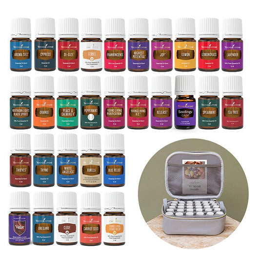 Young Living YL 30 Oil Bundle – Balance & Bloom Edition met 30 etherische oliën, opbergtas, educatieve gids en flesetiketten.