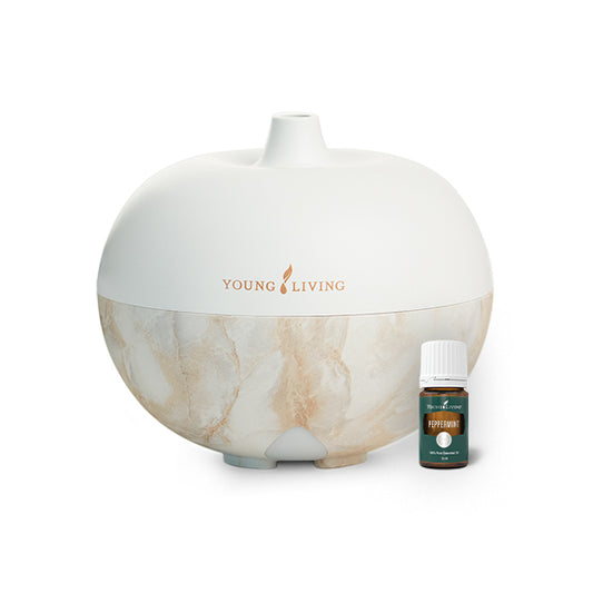 AromaGlobe Ultrasonic Diffuser van Young Living met 360° ultrasone verneveling en instelbare LED-verlichting.