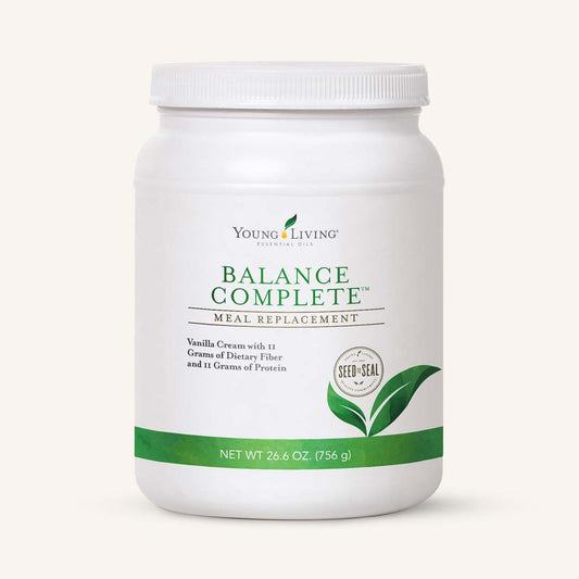 Young Living Balance Complete® voedingssupplement met 14 porties, een romige shake met plantaardige eiwitten, vezels, vitaminen en mineralen.
