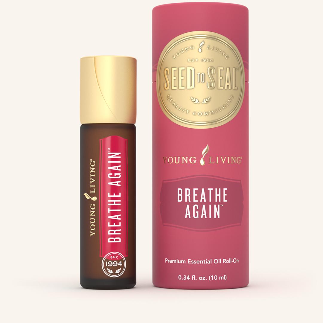 Young Living Breathe Again™ Roll-On met verfrissende etherische olieblend van eucalyptus, pepermunt en copaiba.
