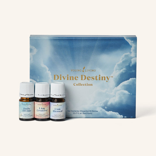 Young Living Divine Destiny™ Collectie met de drie etherische olieblends Daily Divine™, I Am Blessed™ en I Am Creative™.