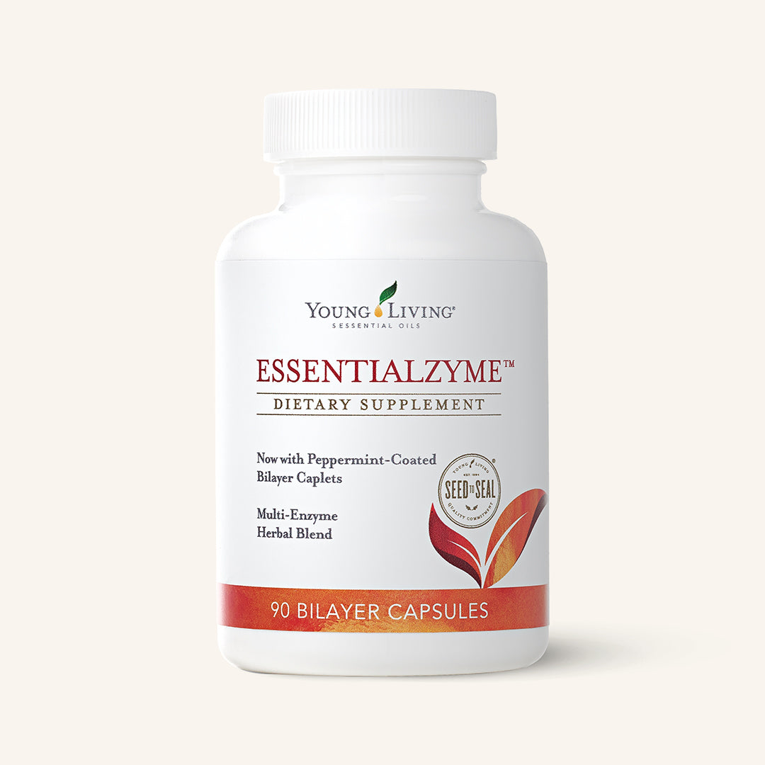 Young Living Essentialzyme® 90 dubbellaagse tabletten met enzymen, kruiden en premium etherische oliën.