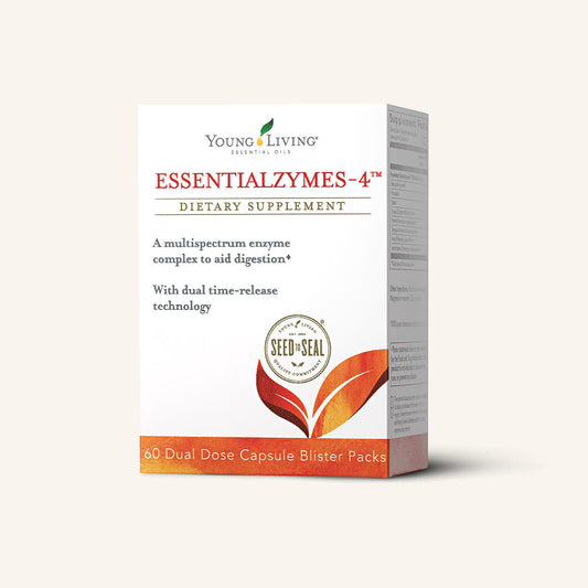 Young Living Essentialzymes-4® 120 capsules met een tweefasenformule van plantaardige en dierlijke enzymen, kruiden en premium etherische oliën.