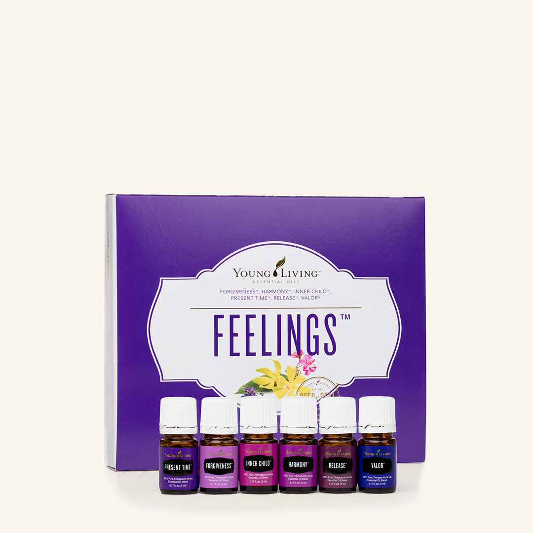 Young Living Feelings™ Collectie met zes etherische olieblends: Forgiveness™, Harmony™, Inner Child™, Present Time™, Release™ en Valor®.