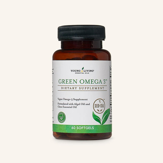 Young Living Green Omega 3® 60 vegan softgels met DHA en EPA uit algenolie, lijnzaadolie en premium etherische kruidnagelolie.