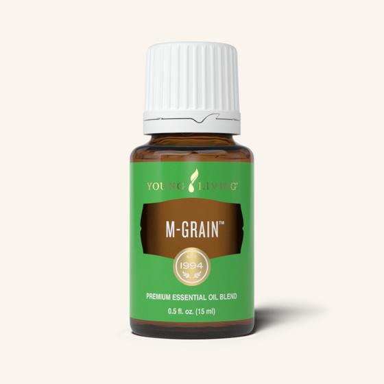 M-Grain™ etherische olieblend van Young Living met Peppermint, Lavendel, Basilicum, Marjolein en Roman Chamomile voor aromatherapie en dagelijks gebruik.
