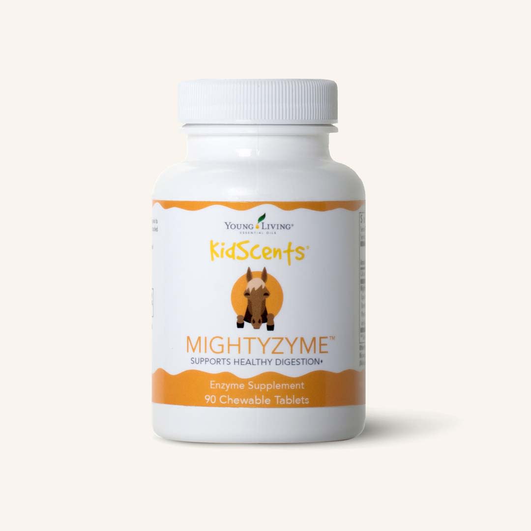 Young Living KidScents® MightyZyme met 90 kauwtabletten voor kinderen, met een enzymencomplex, wortelzaadpoeder, ananasextract en premium pepermuntolie.