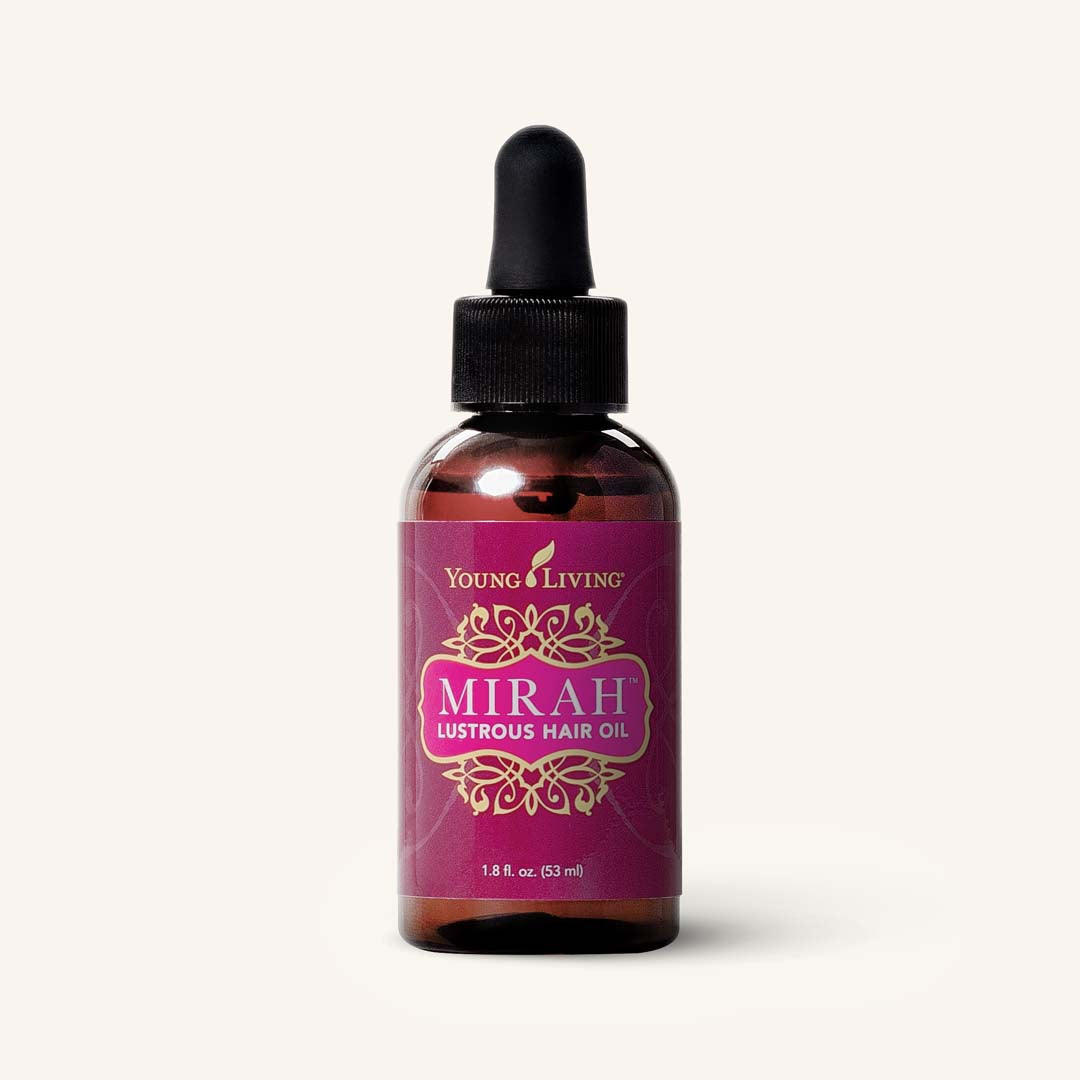 Young Living Mirah™ Lustrous Hair Oil, luxe haarolie met Mirah™ essentiële oliemelange en voedende plantaardige oliën voor glanzend, zacht en soepel haar.