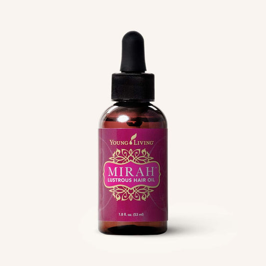 Young Living Mirah™ Lustrous Hair Oil, luxe haarolie met Mirah™ essentiële oliemelange en voedende plantaardige oliën voor glanzend, zacht en soepel haar.