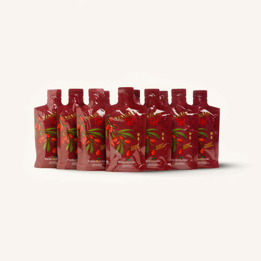 Young Living NingXia Red® Singles met 30 individuele sachets van 60 ml, voedingssupplement met Ningxia-wolfbespuree, fruitpurees en etherische citrusoliën.