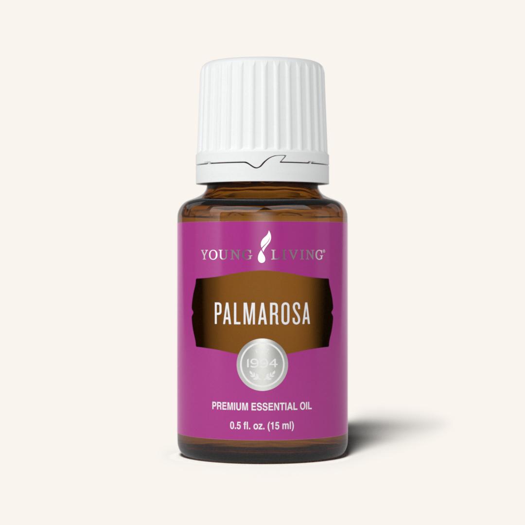 Young Living Palmarosa etherische olie van Cymbopogon martinii met een fris, bloemig en roosachtig aroma voor aromatherapie.