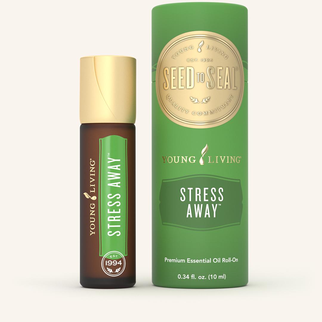 Young Living Stress Away® Roll-On met voorverdunde etherische olieblend van limoen, vanille, copaiba en lavendel.