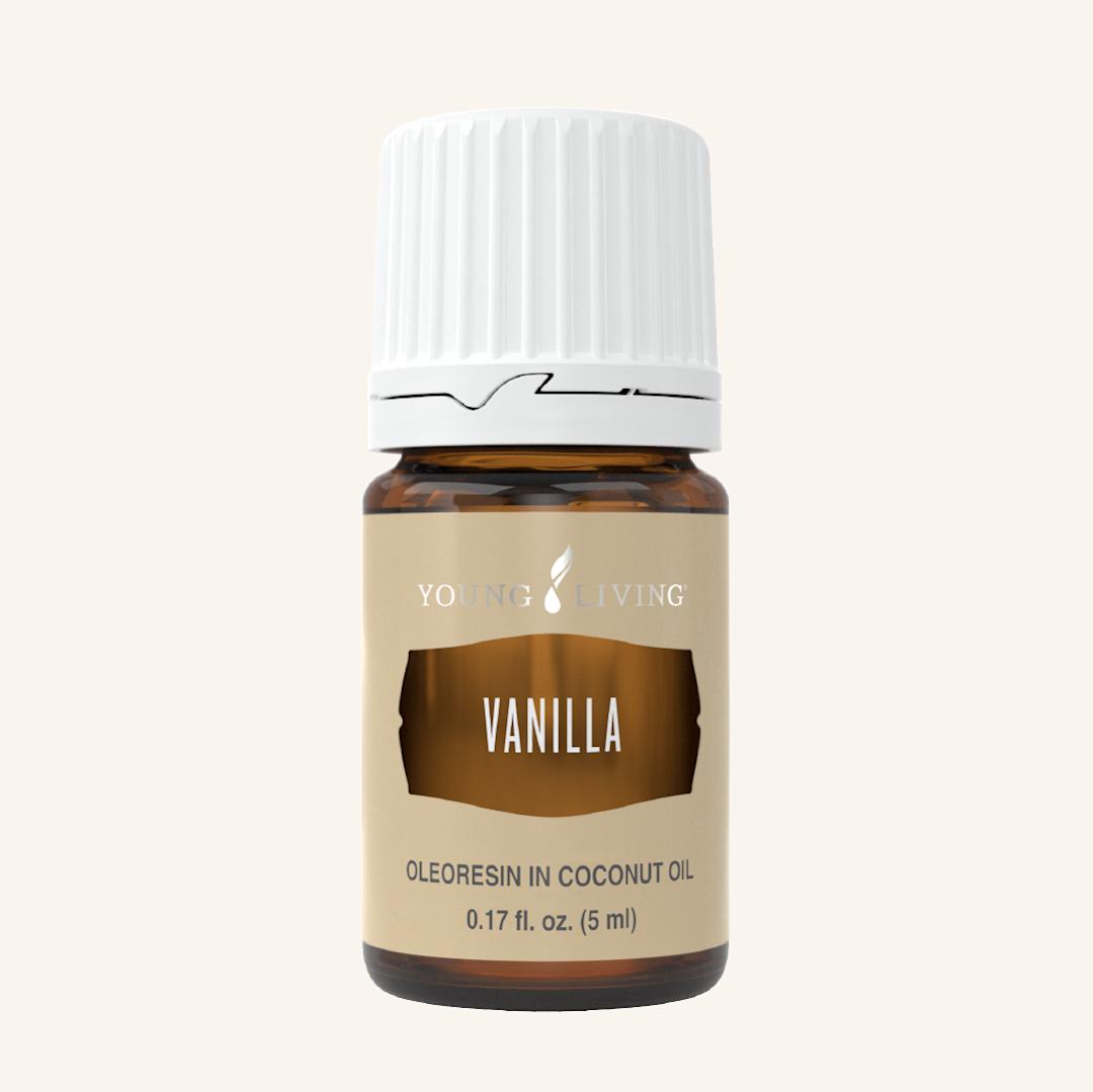 Young Living Vanilla met vanille-oleoresin van Vanilla planifolia en gefractioneerde kokosolie, met een warm, zoet en romig aroma voor persoonlijke verzorging.