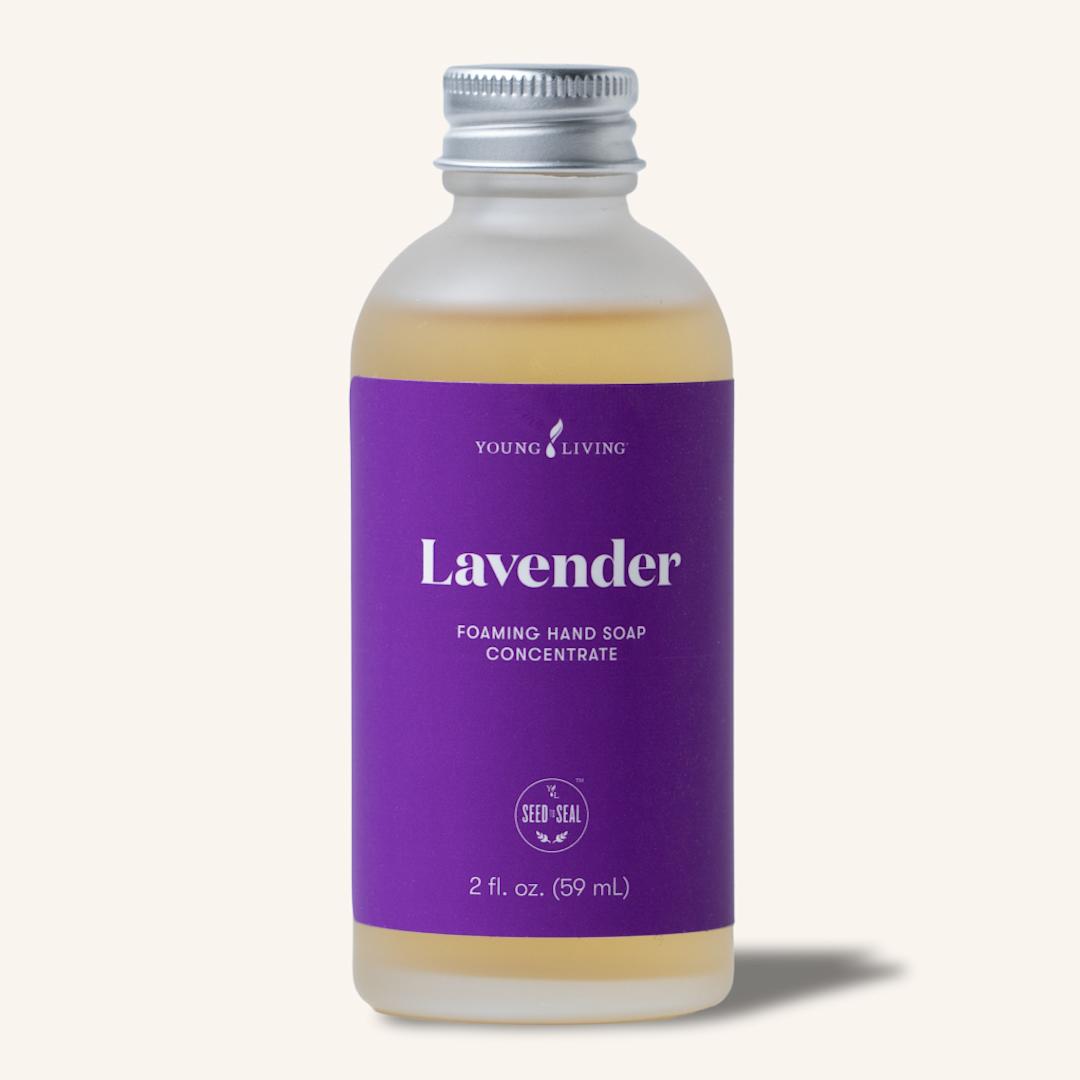 Lavender Foaming Hand Soap Concentrate met kokosreinigers en vitamine E voor een milde, verzorgende en schuimende handreiniging.